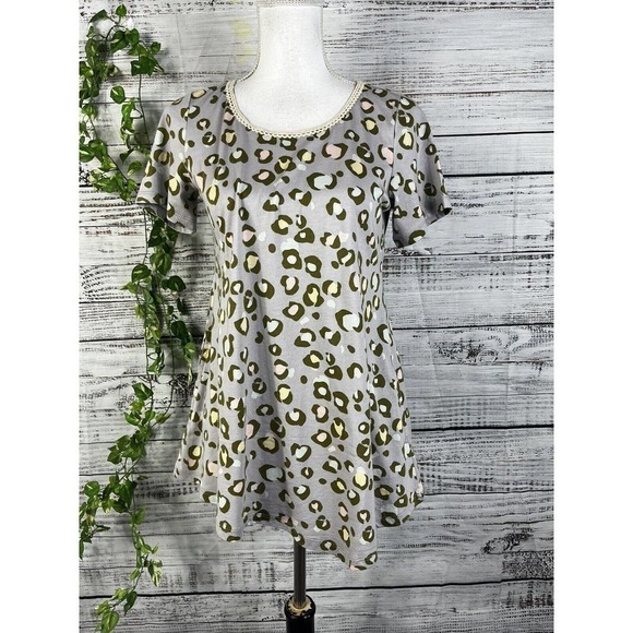 Lori Goldstein LOGO Top Tunic size Extra Small Lilac Green Leopard Pockets Slim - Picture 2 of 13